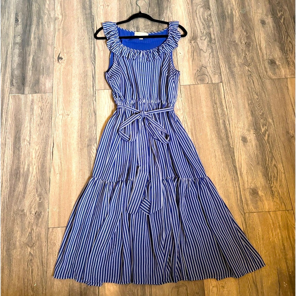 Michael Michael Kors Womens Striped Ruffle Midi Dress Blue